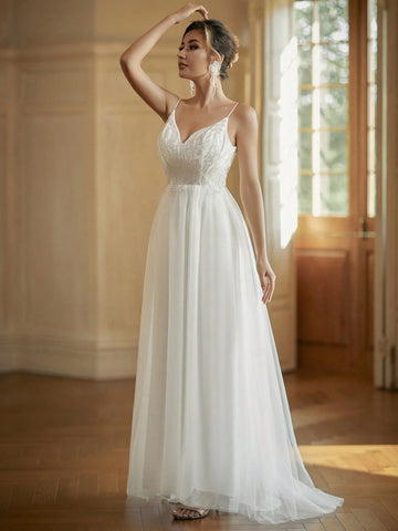 Beaded Embroidery V-Neck Wedding Dress With Contrast Sequin And Mesh Details