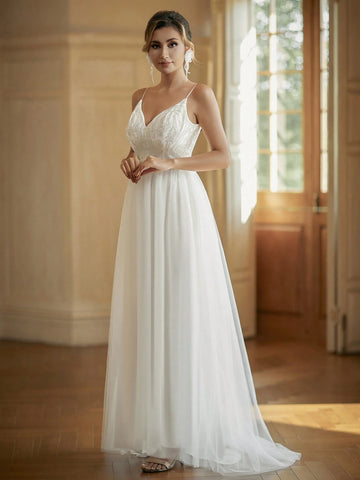 Beaded Embroidery V-Neck Wedding Dress With Contrast Sequin And Mesh Details
