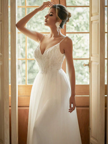 Beaded Embroidery V-Neck Wedding Dress With Contrast Sequin And Mesh Details