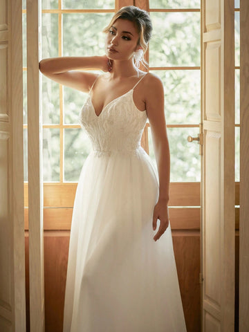 Beaded Embroidery V-Neck Wedding Dress With Contrast Sequin And Mesh Details