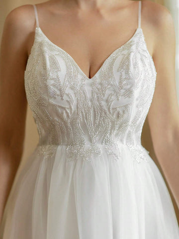 Beaded Embroidery V-Neck Wedding Dress With Contrast Sequin And Mesh Details