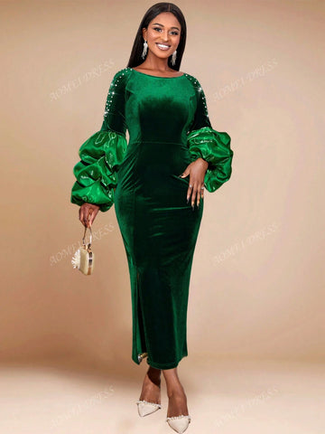 Beaded Round Neck Lantern Sleeve Fitted Cocktail Dress