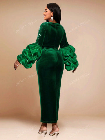 Beaded Round Neck Lantern Sleeve Fitted Cocktail Dress