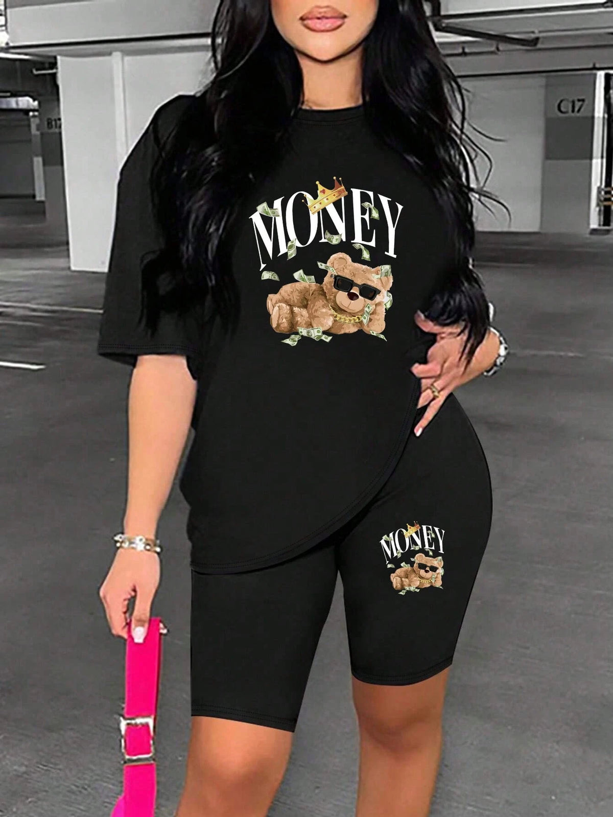Bear Money Women's Casual Overside Short Sleeve Leggings Set Summer