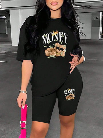 Bear Money Women's Casual Overside Short Sleeve Leggings Set Summer