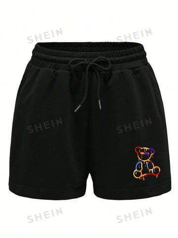 Bear Print Drawstring Waist Track Shorts
