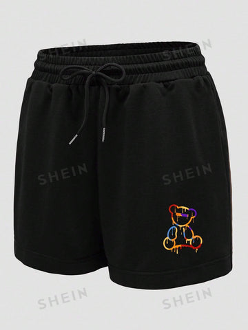 Bear Print Drawstring Waist Track Shorts