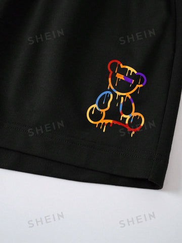 Bear Print Drawstring Waist Track Shorts