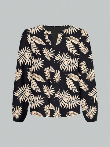 Casual Minimalist Leaf Print Elegant Women Blouse, Suitable For Spring & Autumn,