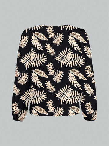 Casual Minimalist Leaf Print Elegant Women Blouse, Suitable For Spring & Autumn,