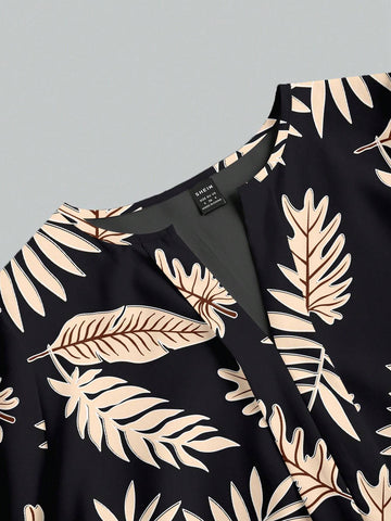 Casual Minimalist Leaf Print Elegant Women Blouse, Suitable For Spring & Autumn,