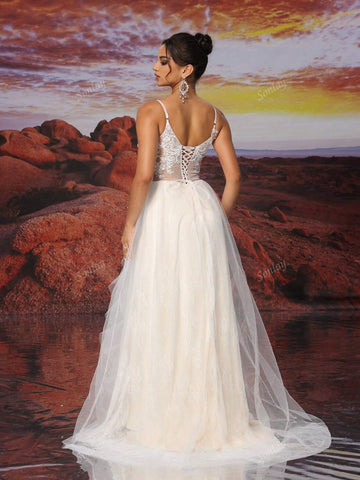 Beige And Champagne Slip Dress V-Neck Sexy Sample Design Slit Skrit Embroidery Bead Sequin Wedding Dress