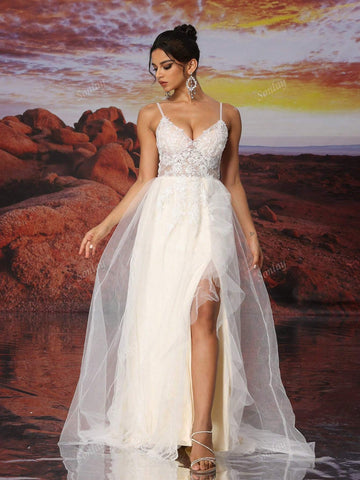 Beige And Champagne Slip Dress V-Neck Sexy Sample Design Slit Skrit Embroidery Bead Sequin Wedding Dress