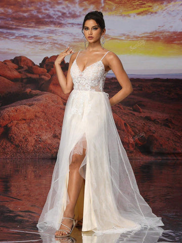 Beige And Champagne Slip Dress V-Neck Sexy Sample Design Slit Skrit Embroidery Bead Sequin Wedding Dress