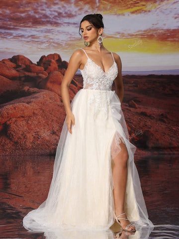 Beige And Champagne Slip Dress V-Neck Sexy Sample Design Slit Skrit Embroidery Bead Sequin Wedding Dress