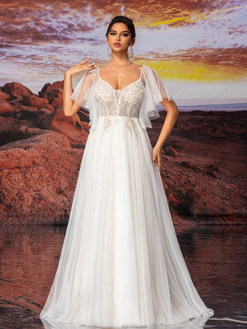 Beige Short Sleeve Dress Fairy Sample Sparkly Bead Embroidery A Line Wedding Dress,Wedding Event Dress