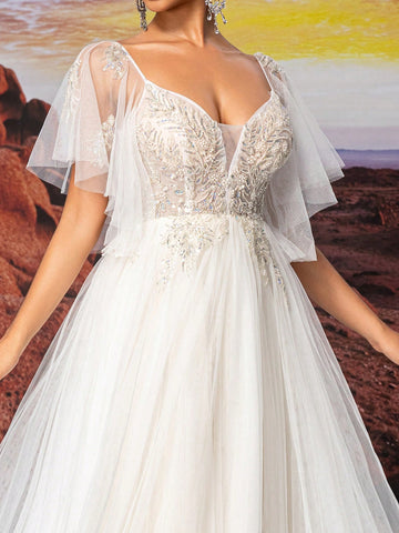 Beige Short Sleeve Dress Fairy Sample Sparkly Bead Embroidery A Line Wedding Dress,Wedding Event Dress