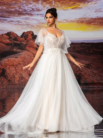 Beige Short Sleeve Dress Fairy Sample Sparkly Bead Embroidery A Line Wedding Dress,Wedding Event Dress