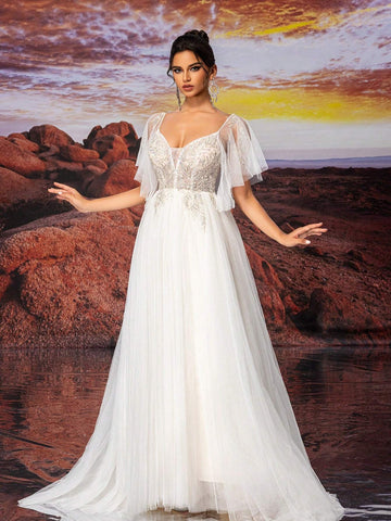 Beige Short Sleeve Dress Fairy Sample Sparkly Bead Embroidery A Line Wedding Dress,Wedding Event Dress