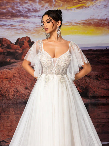 Beige Short Sleeve Dress Fairy Sample Sparkly Bead Embroidery A Line Wedding Dress,Wedding Event Dress