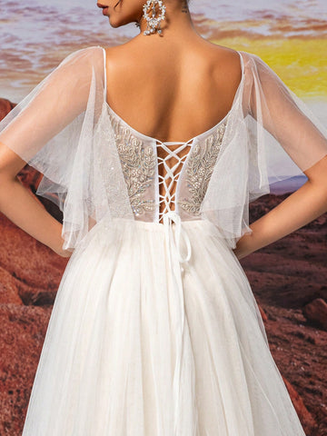 Beige Short Sleeve Dress Fairy Sample Sparkly Bead Embroidery A Line Wedding Dress,Wedding Event Dress