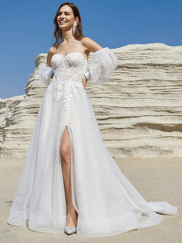 Beige Tulle Wedding Dresses With Long Puffy Sleeves Champagne Lining Elegant High Slit Bridal Gown With Lace Lace Up Back With Train