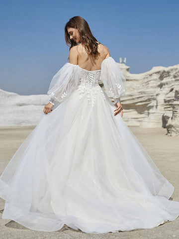 Beige Tulle Wedding Dresses With Long Puffy Sleeves Champagne Lining Elegant High Slit Bridal Gown With Lace Lace Up Back With Train