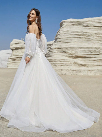 Beige Tulle Wedding Dresses With Long Puffy Sleeves Champagne Lining Elegant High Slit Bridal Gown With Lace Lace Up Back With Train