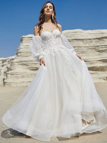 Beige Tulle Wedding Dresses With Long Puffy Sleeves Champagne Lining Elegant High Slit Bridal Gown With Lace Lace Up Back With Train