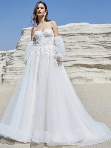 Beige Tulle Wedding Dresses With Long Puffy Sleeves Champagne Lining Elegant High Slit Bridal Gown With Lace Lace Up Back With Train
