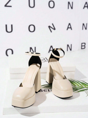 Beige Women's Fashion Versatile Minimalist Waterproof Platform Wedding Shoes, Square Toe Thick Heel Ankle Strap Design High Heels,