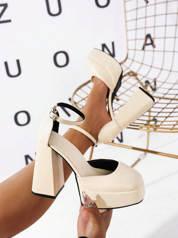 Beige Women's Fashion Versatile Minimalist Waterproof Platform Wedding Shoes, Square Toe Thick Heel Ankle Strap Design High Heels,