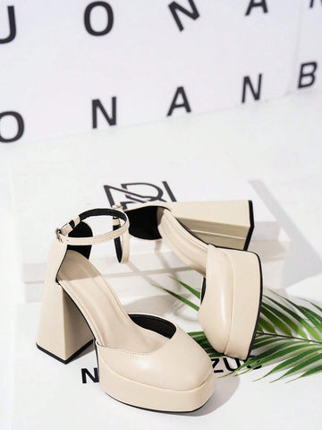 Beige Women's Fashion Versatile Minimalist Waterproof Platform Wedding Shoes, Square Toe Thick Heel Ankle Strap Design High Heels,