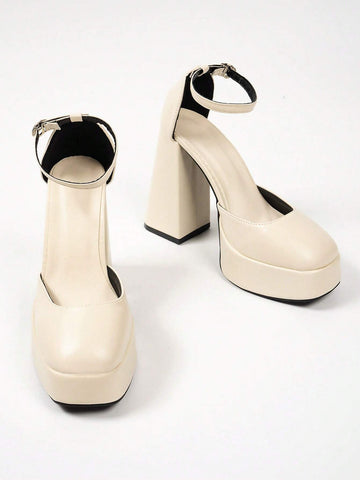 Beige Women's Fashion Versatile Minimalist Waterproof Platform Wedding Shoes, Square Toe Thick Heel Ankle Strap Design High Heels,