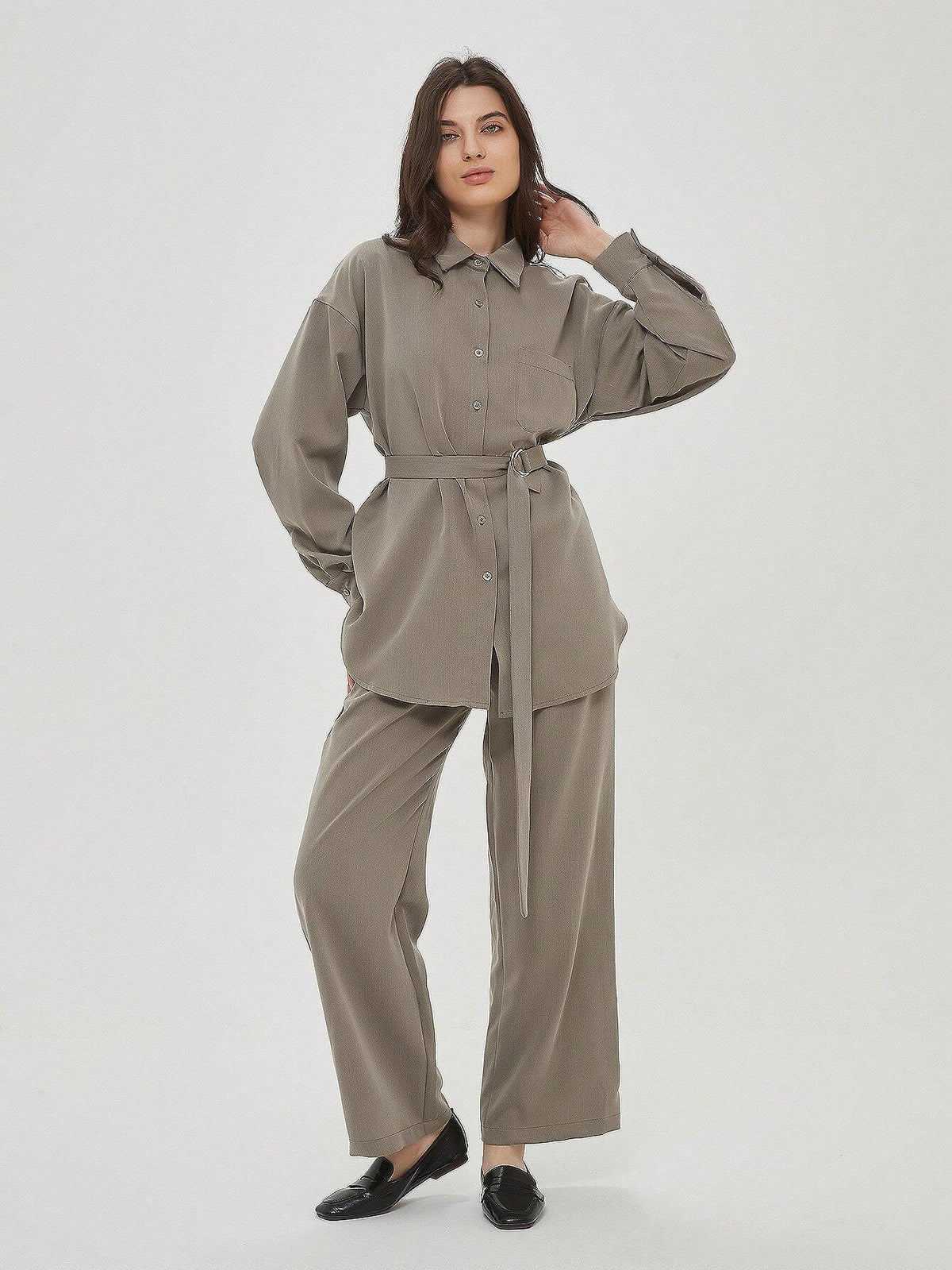 Belted Blouse With Pocket 2pcs Outfits Women Wide Leg Pant Workwear