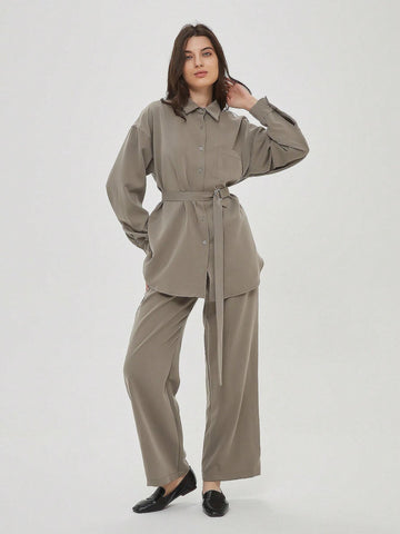 Belted Blouse With Pocket 2pcs Outfits Women Wide Leg Pant Workwear