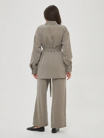 Belted Blouse With Pocket 2pcs Outfits Women Wide Leg Pant Workwear