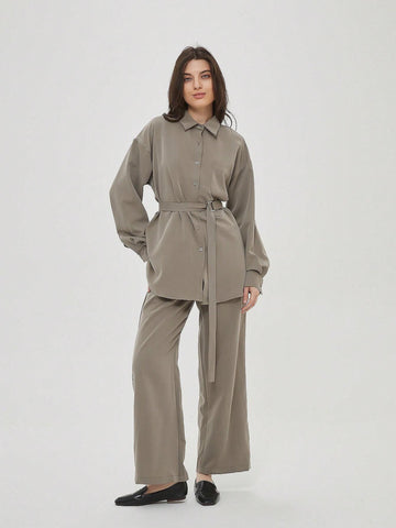 Belted Blouse With Pocket 2pcs Outfits Women Wide Leg Pant Workwear