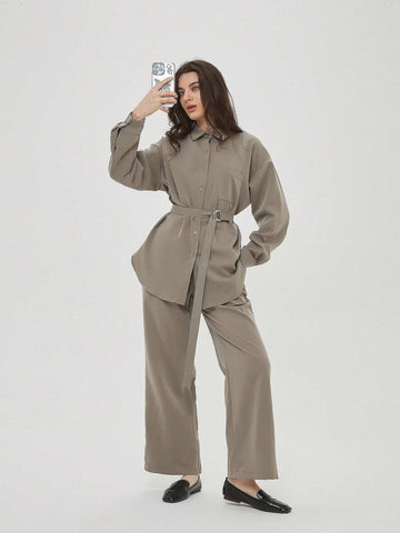 Belted Blouse With Pocket 2pcs Outfits Women Wide Leg Pant Workwear