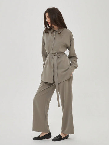 Belted Blouse With Pocket 2pcs Outfits Women Wide Leg Pant Workwear
