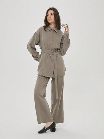 Belted Blouse With Pocket 2pcs Outfits Women Wide Leg Pant Workwear