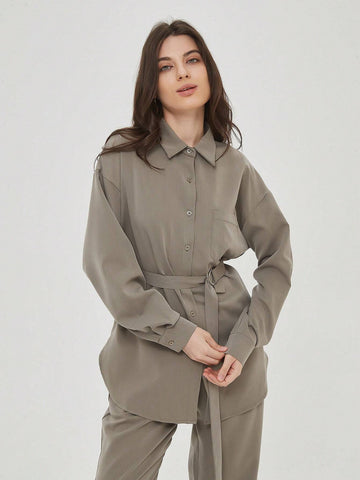 Belted Blouse With Pocket 2pcs Outfits Women Wide Leg Pant Workwear