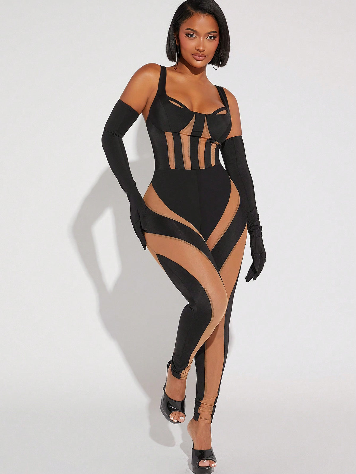 Berry Two Tone Cold Shoulder Mesh Insert Jumpsuit