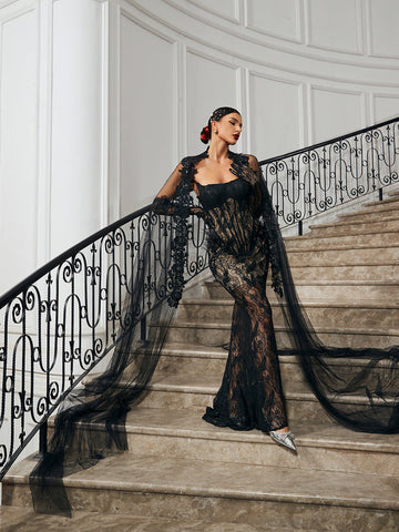 Besel Leaf Lace Corset Maxi Dress