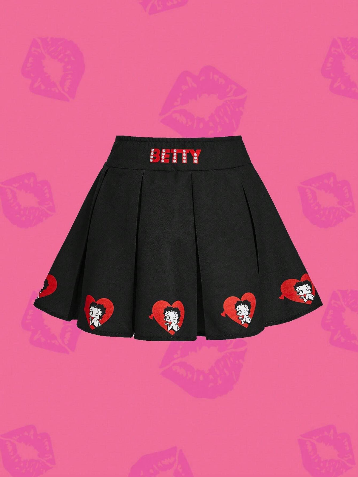 Women's Casual Cute Cartoon Character & Letter Print Solid Black Pleated Skirt