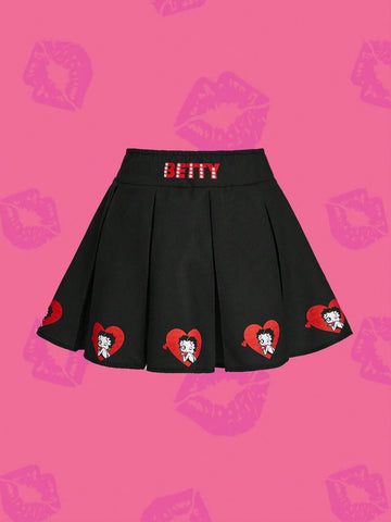 Women's Casual Cute Cartoon Character & Letter Print Solid Black Pleated Skirt