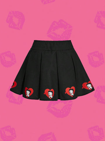 Women's Casual Cute Cartoon Character & Letter Print Solid Black Pleated Skirt