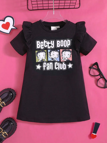 Young Girl Cartoon Figure And Letter Print Ruffle Trim Tee Dress