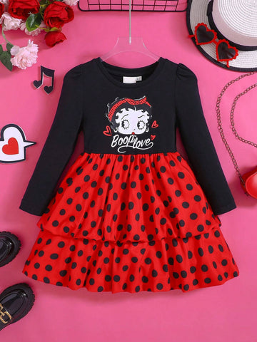 Young Girl Vintage Style Cute Cartoon Print Gigot Sleeve Ruffle Hem A-Line Dress Suitable For Birthday Parties