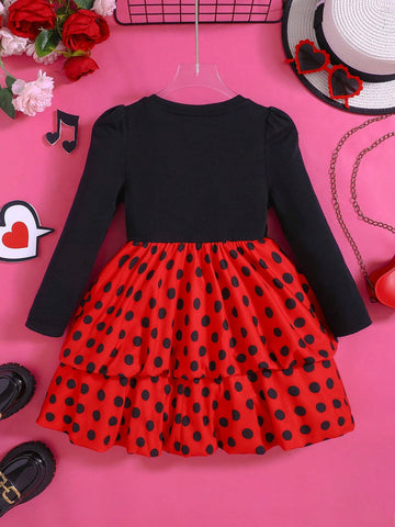 Young Girl Vintage Style Cute Cartoon Print Gigot Sleeve Ruffle Hem A-Line Dress Suitable For Birthday Parties